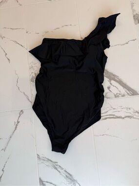 Motherhood Maternity Black One-Shoulder Ruffle Maternity Swimsuit